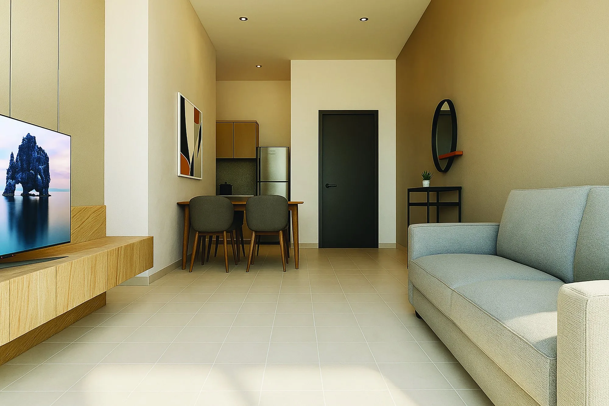 Artist’s impression of a typical unit’s living and dining area, shown furnished for illustration, from the developer’s brochure at Serai Perdana Kinarut, Jalan Lengkuas Segandai, Kinarut, Papar, Sabah