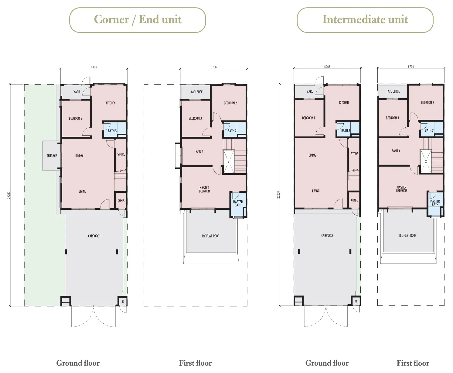 Amansara North Glamour 双层排屋户型图，角头/边间与中间单位，2,119 平方尺起，Setia Fontaines，槟城柏淡