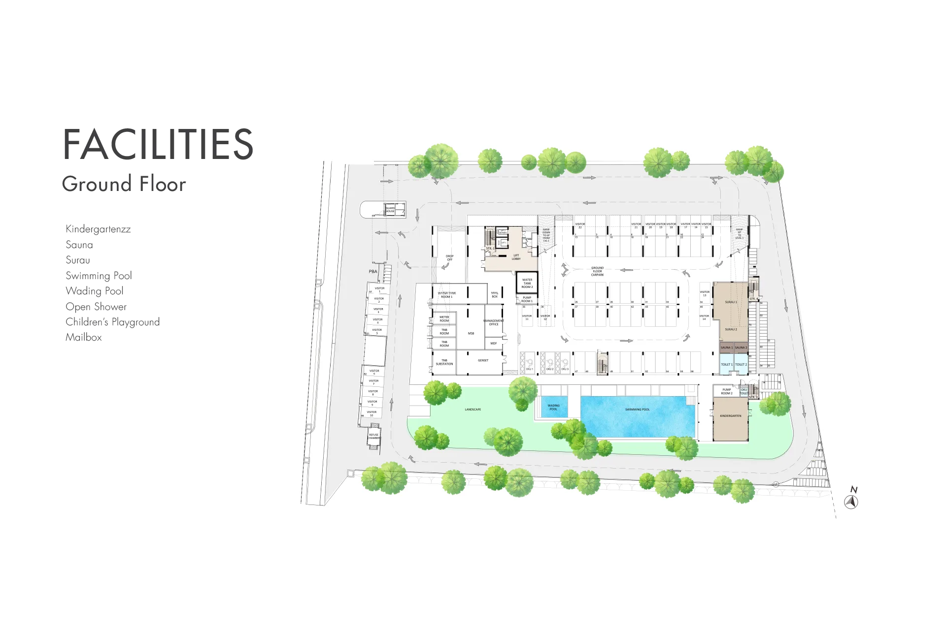 Silkspring Residence ground floor facilities plan with swimming pool, wading pool, kindergarten and car park, Butterworth, Penang