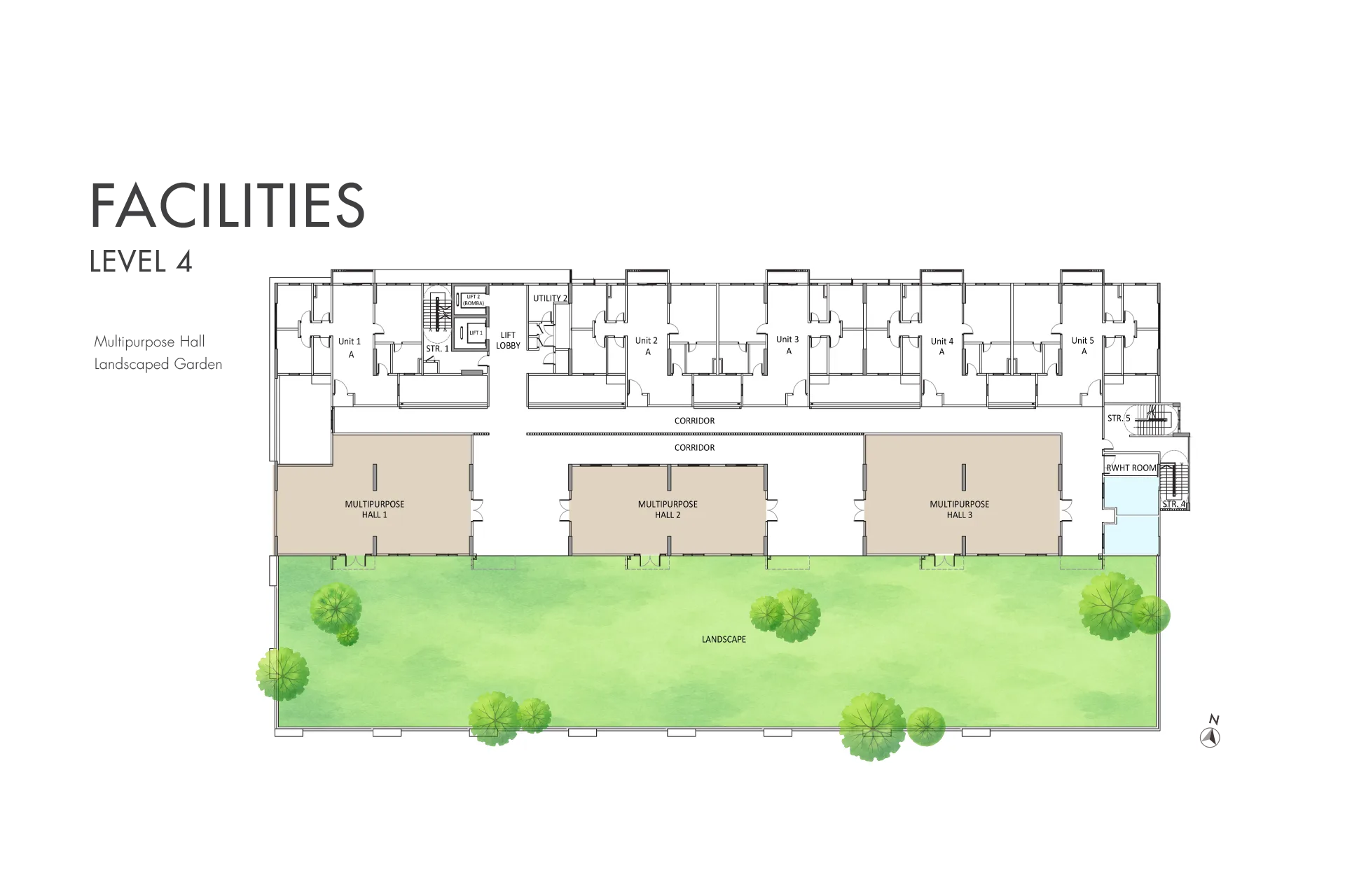 Silkspring Residence Level 4 facilities plan with three multipurpose halls and a landscaped garden, Butterworth, Penang
