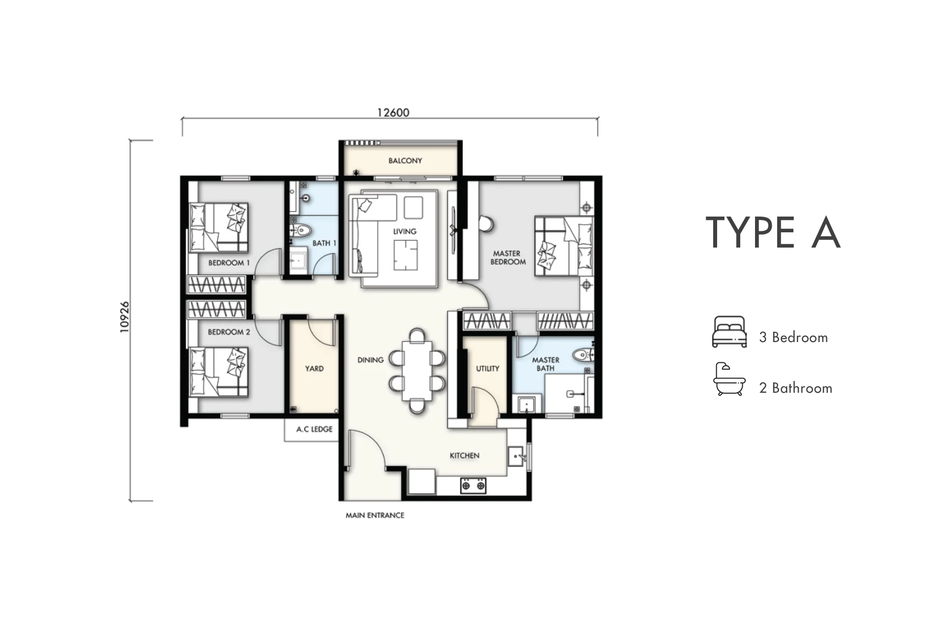 Silkspring Residence Type A floor plan, three bedrooms and two bathrooms, Butterworth, Penang
