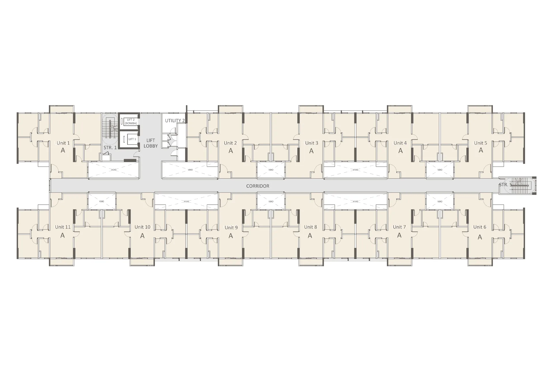 Silkspring Residence typical floor plan with eleven Type A units along one corridor, Butterworth, Penang