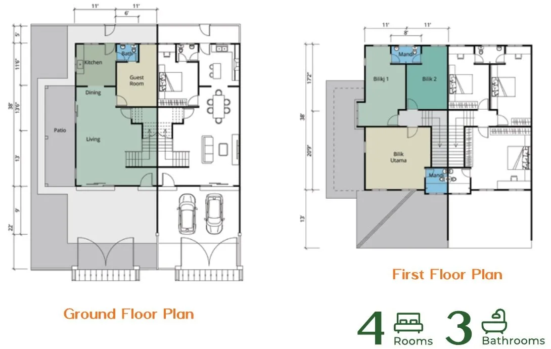 Ground and first floor plans of the 22 ft x 65 ft double-storey terrace, 4 rooms and 3 bathrooms, Silver Valley Gardens Phase 1B, Chepor, Ipoh