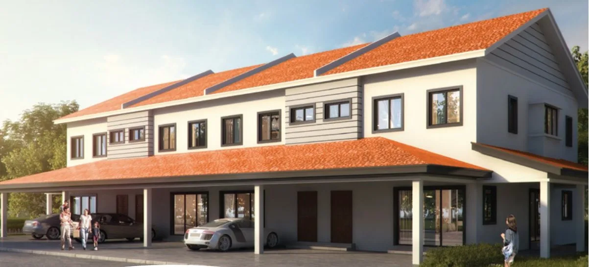 Double-storey terrace house facade render at Silver Valley Gardens by P.K Lee Sdn Bhd, Chepor, Ipoh, Perak