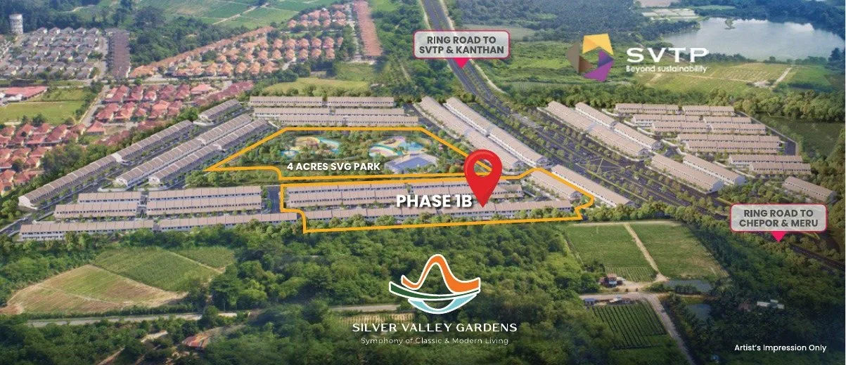Aerial artist's impression of Silver Valley Gardens Phase 1B beside the 4-acre SVG Park, Chepor, Ipoh, Perak
