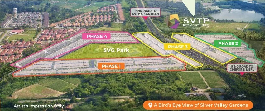 Bird's-eye artist's impression of Silver Valley Gardens phases 1 to 4 around SVG Park, Chepor, Ipoh