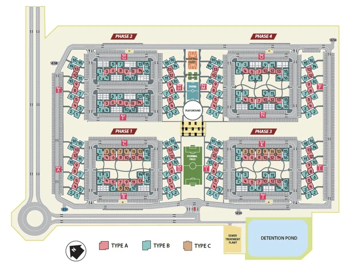 South Ville development plan: Phases 1 to 4, sixteen blocks lettered A to P, the three unit types by colour, and the courts, playground and football field in the middle — developer’s drawing, as reproduced by sabahprojects.com at South Ville Apartment, Bandar Sri Indah, Tawau, Sabah