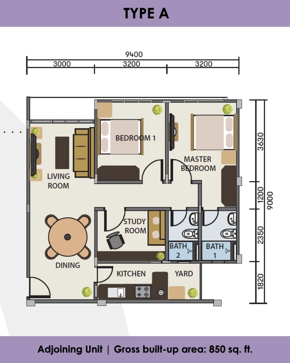 South Ville Apartment Type A adjoining unit floor plan 850 sq ft, two bedrooms and study room at South Ville Apartment, Bandar Sri Indah, Tawau, Sabah