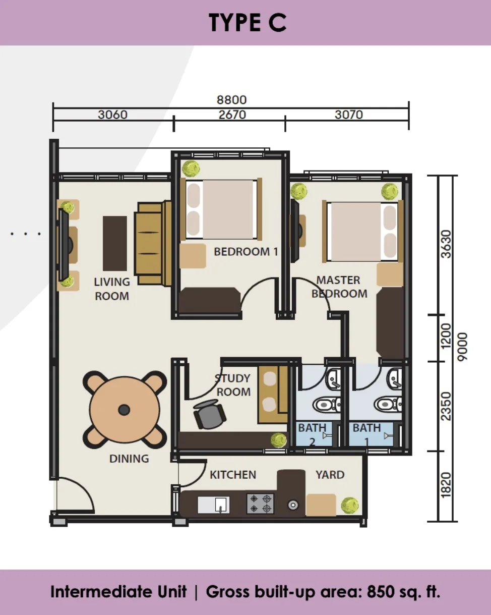 South Ville Apartment Type C intermediate unit floor plan 850 sq ft, two bedrooms and study room at South Ville Apartment, Bandar Sri Indah, Tawau, Sabah