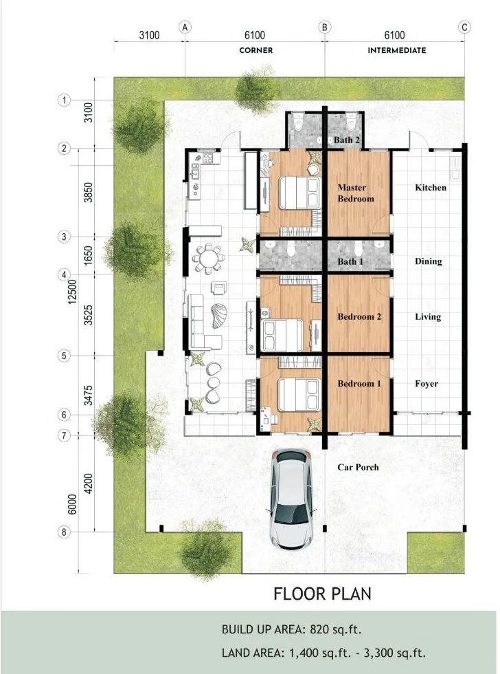 Sri Bayu Park single storey terrace floor plan 820 sq ft three bedroom two bathroom at Sri Bayu Park, Kinarut, Papar, Sabah
