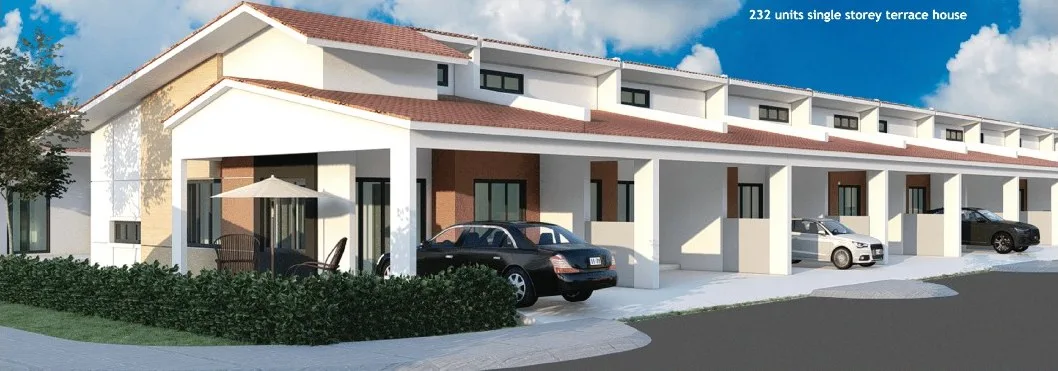 Artist’s impression of a row of single-storey terrace houses, from the developer’s brochure at Sri Bayu Park, Kinarut, Papar, Sabah