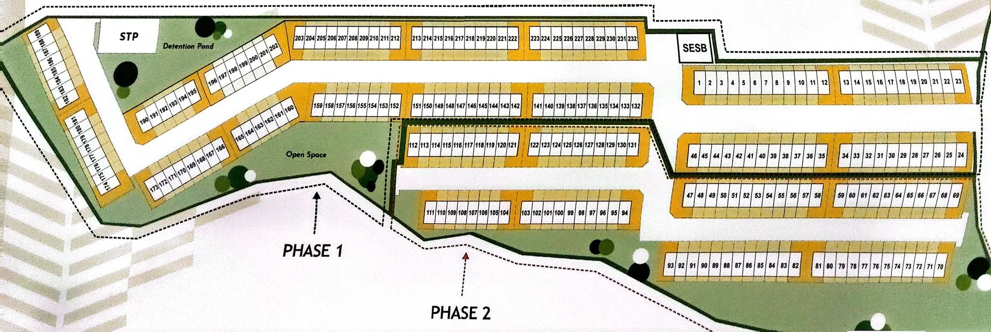 Site plan: lots 1 to 232 in Phase 1 and Phase 2, with the detention pond, open space, STP and SESB substation, from the developer’s brochure at Sri Bayu Park, Kinarut, Papar, Sabah