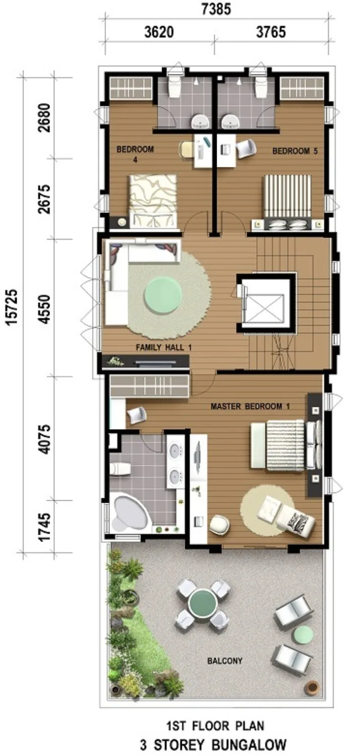 Starhill Luxury Residences three-storey detached house, first-floor plan with three bedrooms, family hall and balcony, Gelugor, Penang
