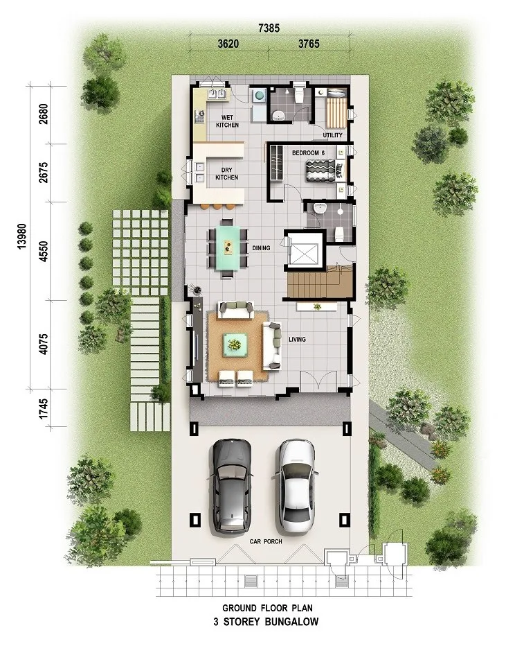 Starhill Luxury Residences three-storey detached house, ground-floor plan, Gelugor, Penang