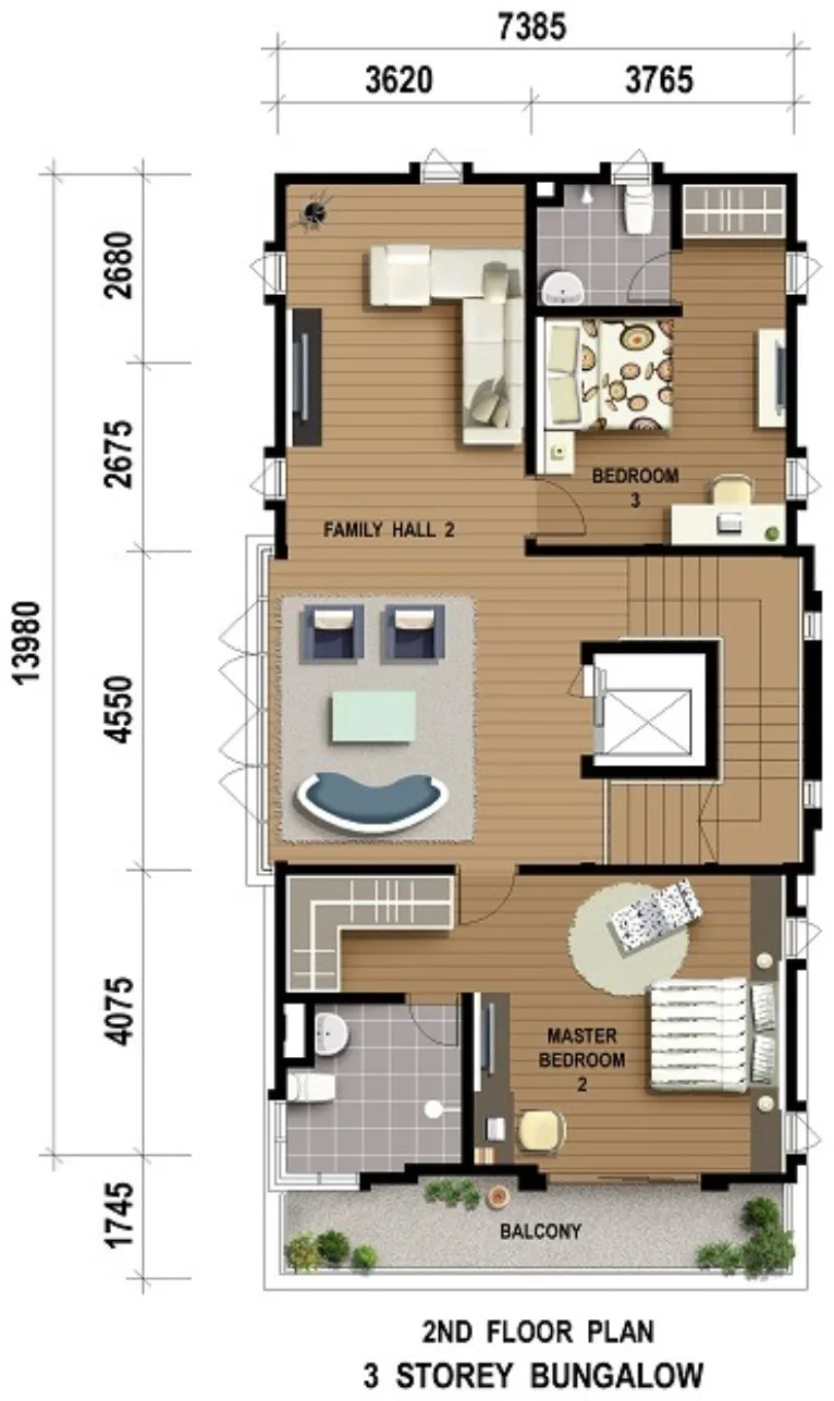 Starhill Luxury Residences three-storey detached house, second-floor plan with two bedrooms, family hall and balcony, Gelugor, Penang