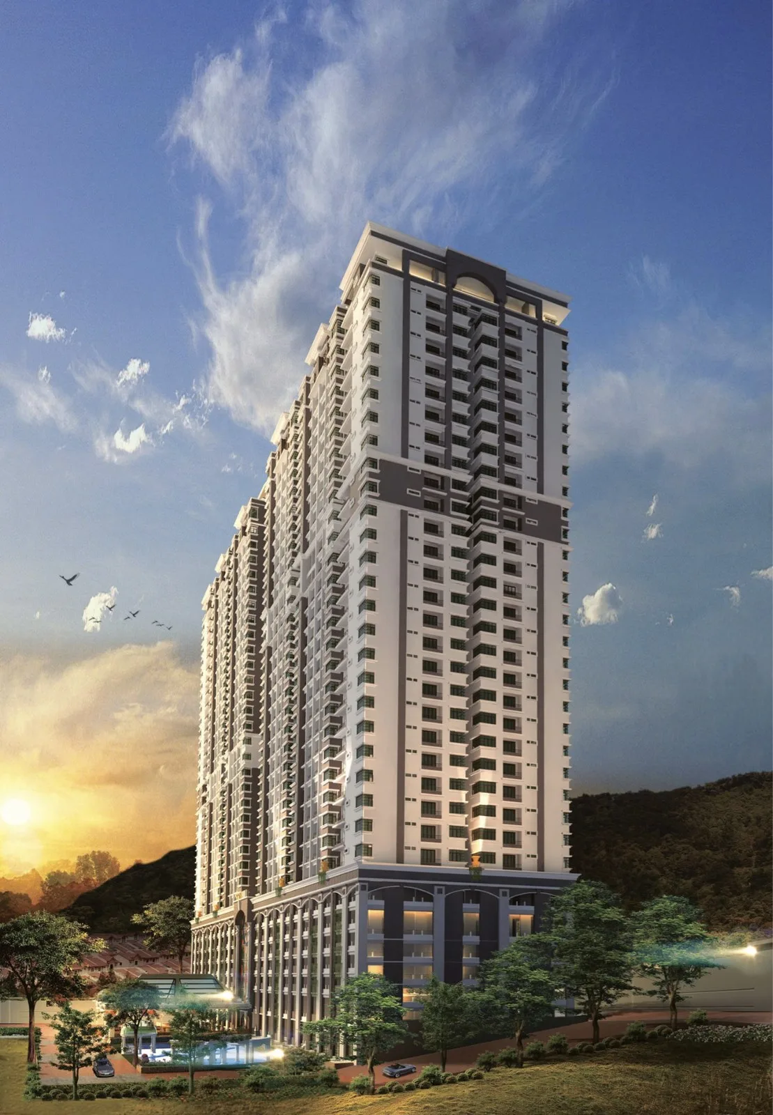 Starhill Luxury Residences condominium block seen from the entrance at dusk, artist's impression, Gelugor, Penang