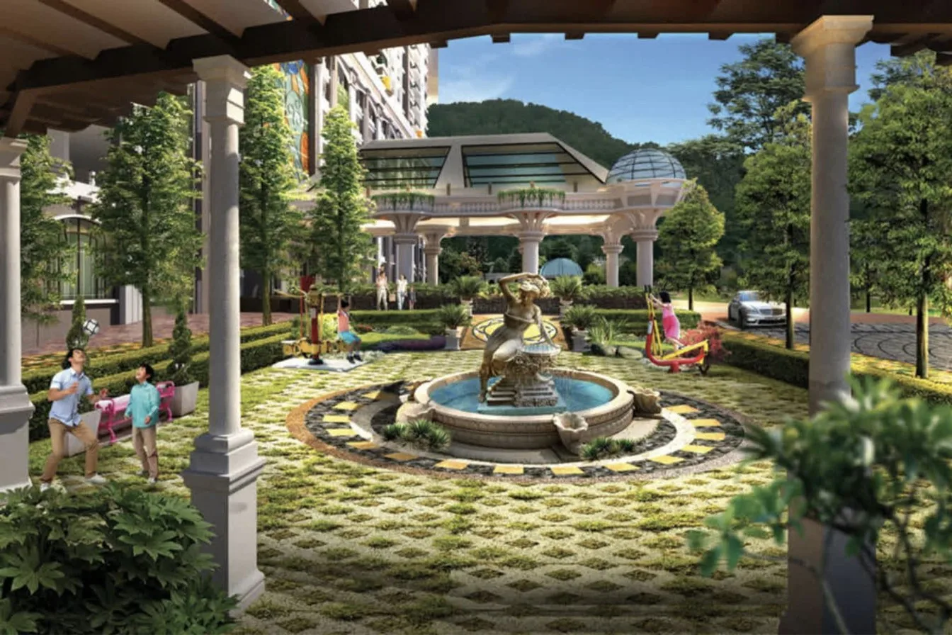 Starhill Luxury Residences garden court with fountain and the facilities pavilion, artist's impression, Gelugor, Penang