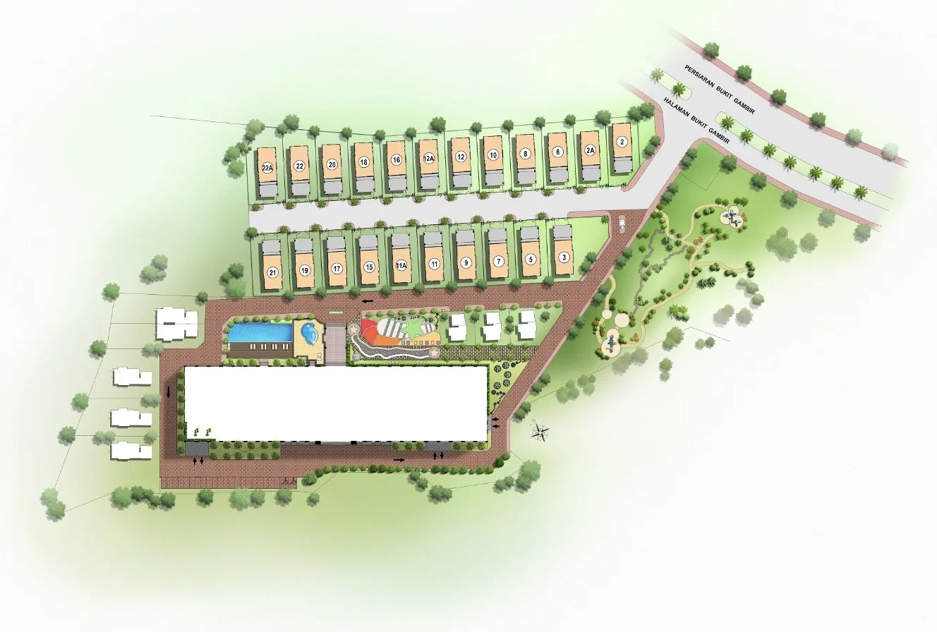 Starhill Luxury Residences site plan showing the condominium block and the house plots off Halaman Bukit Gambir, Gelugor, Penang