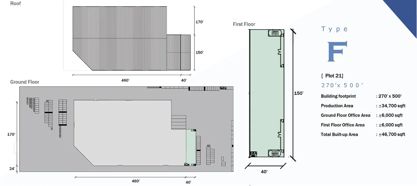 Sungai Bakap Industrial Park Type F double-storey detached industrial unit floor plan for plot 21 — total built-up about 46,700 sq ft, Sungai Bakap, Penang