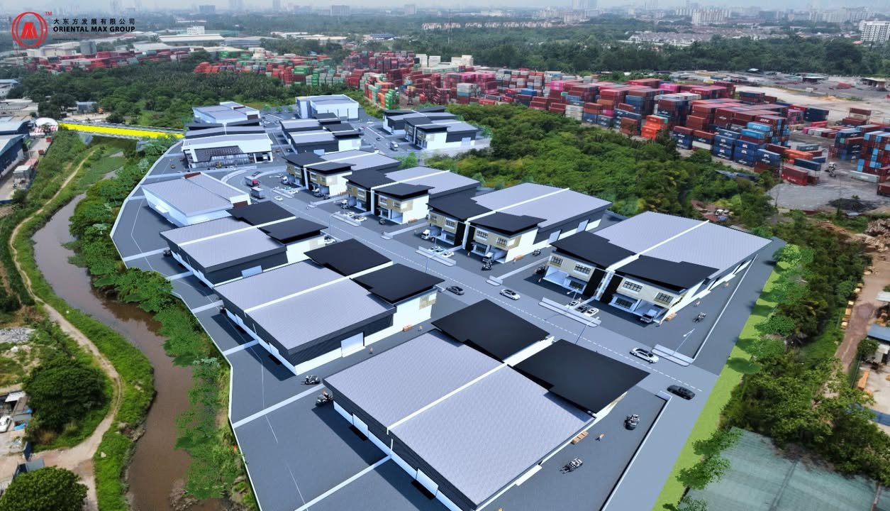 Sungai Lokan Industrial Park aerial artist's impression with the river and access bridge on one side and a container yard beyond, Butterworth, Penang