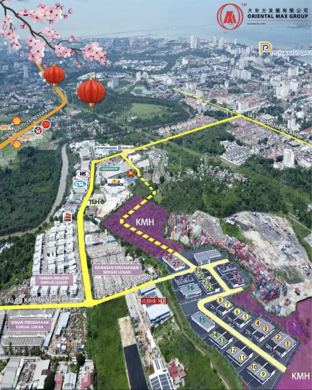Sungai Lokan Industrial Park aerial site plan with plots numbered 1 to 28, Jalan Sungai Lokan 3/1, Jalan Kampung Teluk and Penang Port marked, Butterworth, Penang