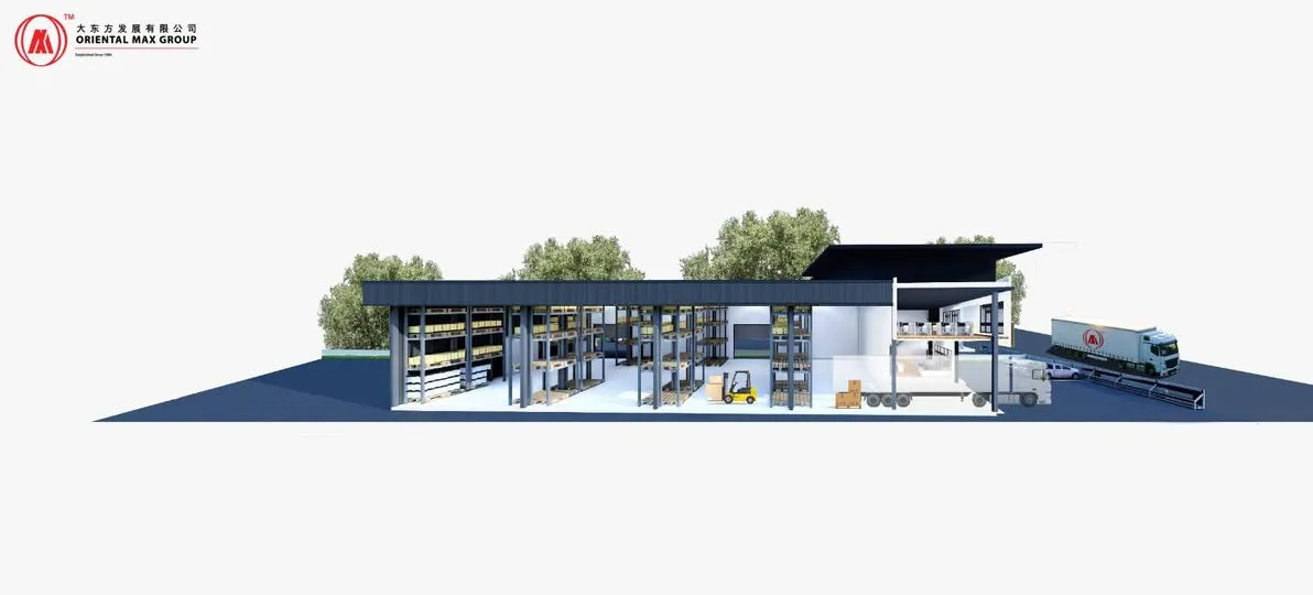 Sungai Lokan Industrial Park cut-away view of a unit showing the racked hall and the office block at the front, artist's impression, Butterworth, Penang