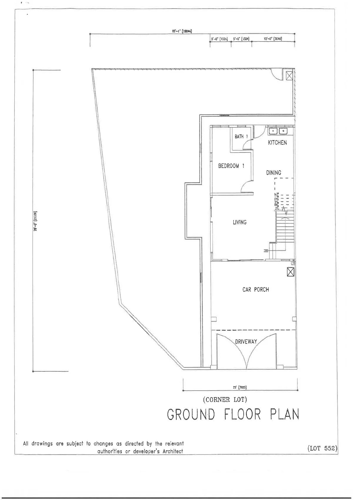 Ground floor plan of the corner lot (Lot 552) double-storey terrace house at Sunrise Avenue 2, Lahat, Ipoh