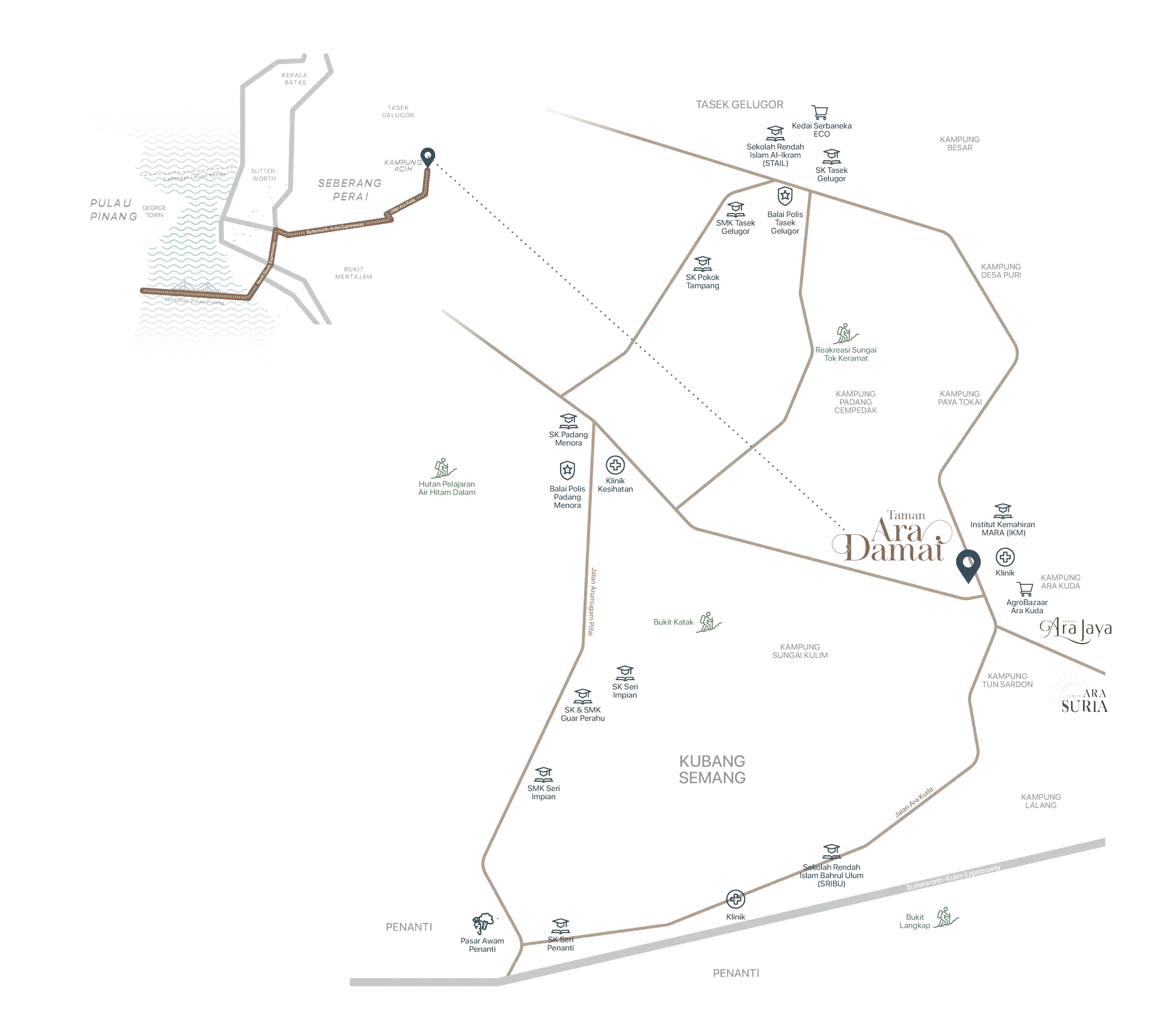 Taman Ara Damai location map published by the developer, Tasek Gelugor, Penang