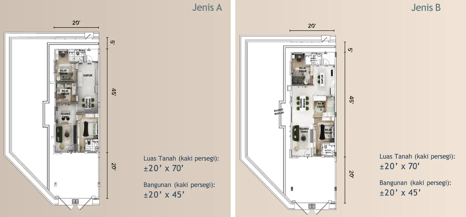 Taman Ara Damai Jenis A and Jenis B single-storey terrace floor plans for the second permit, from the developer's advertisement filed with the government register, Tasek Gelugor, Penang