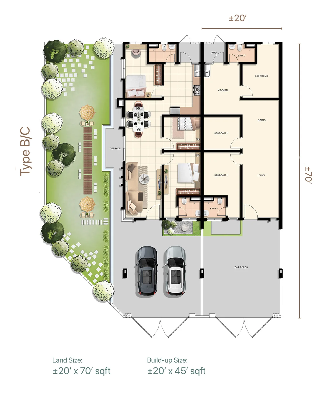 Taman Ara Damai Type B and Type C floor plan published by the developer, Tasek Gelugor, Penang