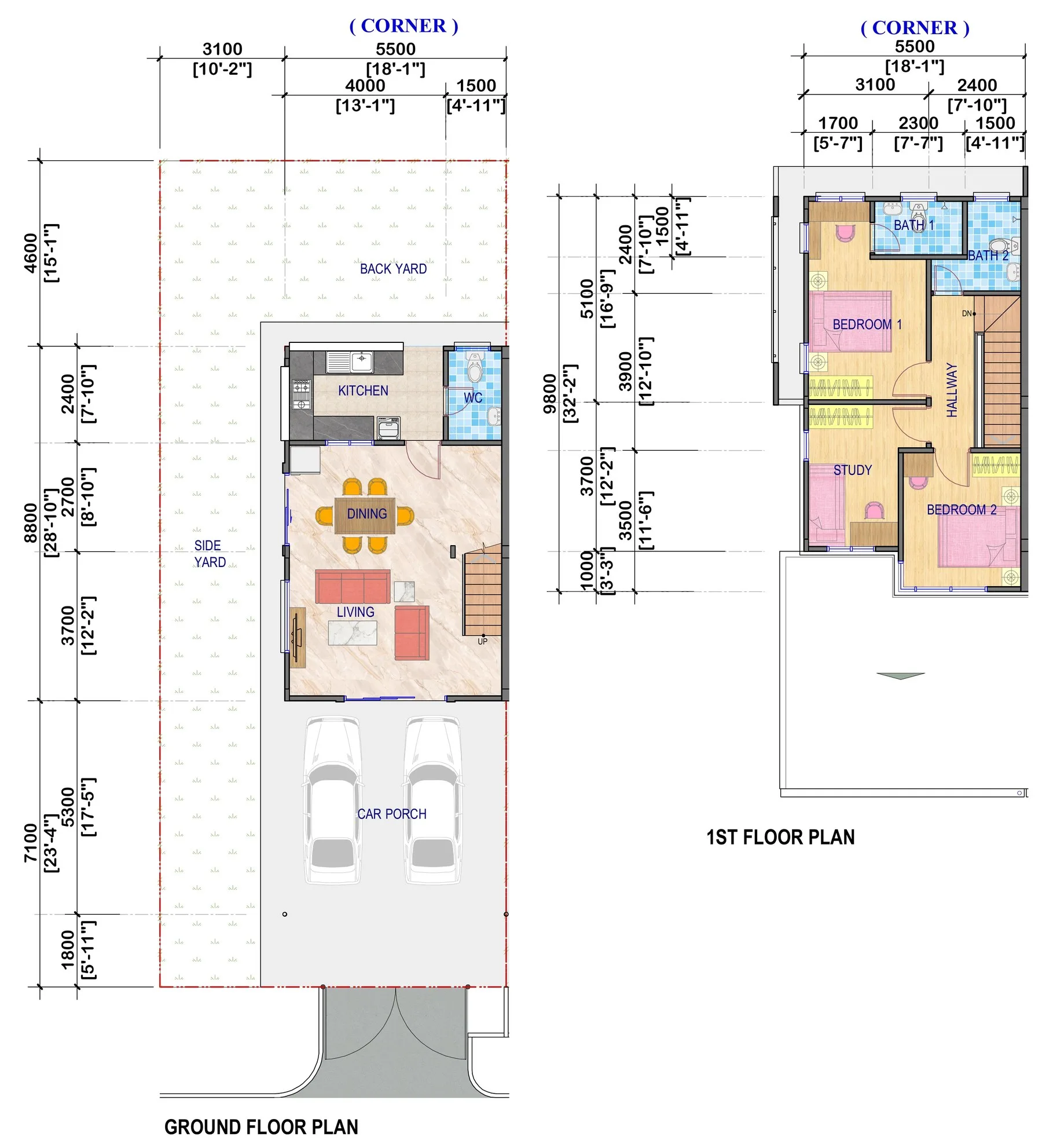Taman Bayu Idaman corner house ground and first floor plans with side yard at Taman Bayu Idaman, Jalan Airport Quarry, Sandakan, Sabah