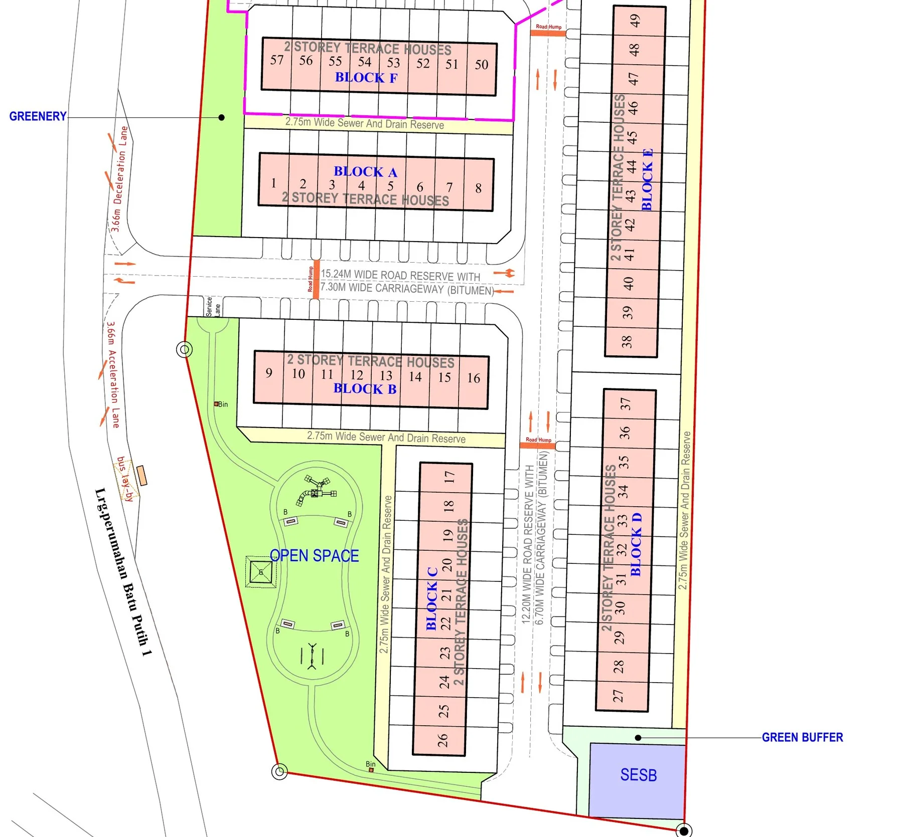 Development plan detail — the entrance, the open space and lots 1 to 57, from the developer’s drawings at Taman Bayu Idaman, Jalan Airport Quarry, Sandakan, Sabah