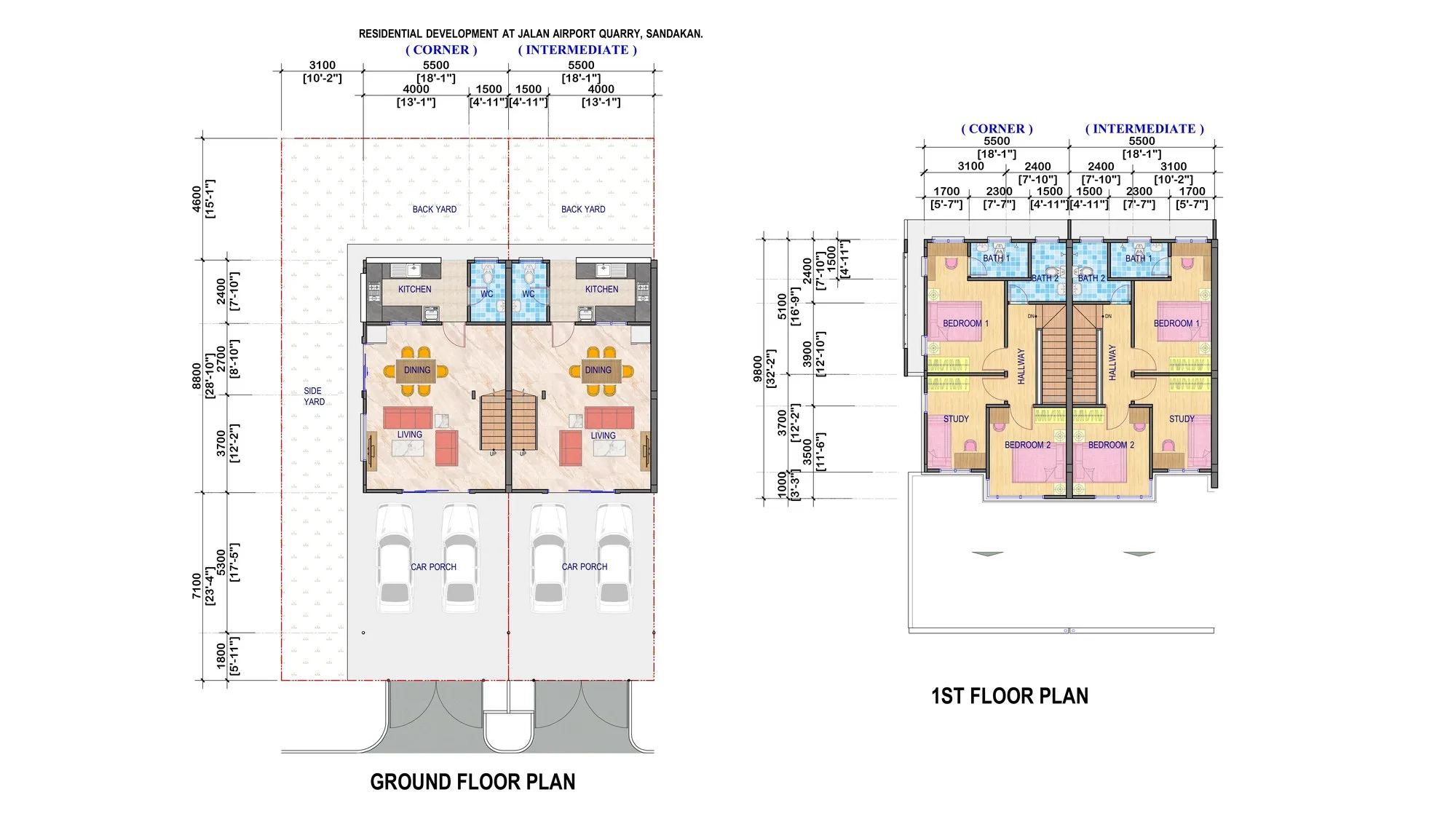 Ground and first floor plans of the corner and intermediate houses, from the developer’s drawings at Taman Bayu Idaman, Jalan Airport Quarry, Sandakan, Sabah