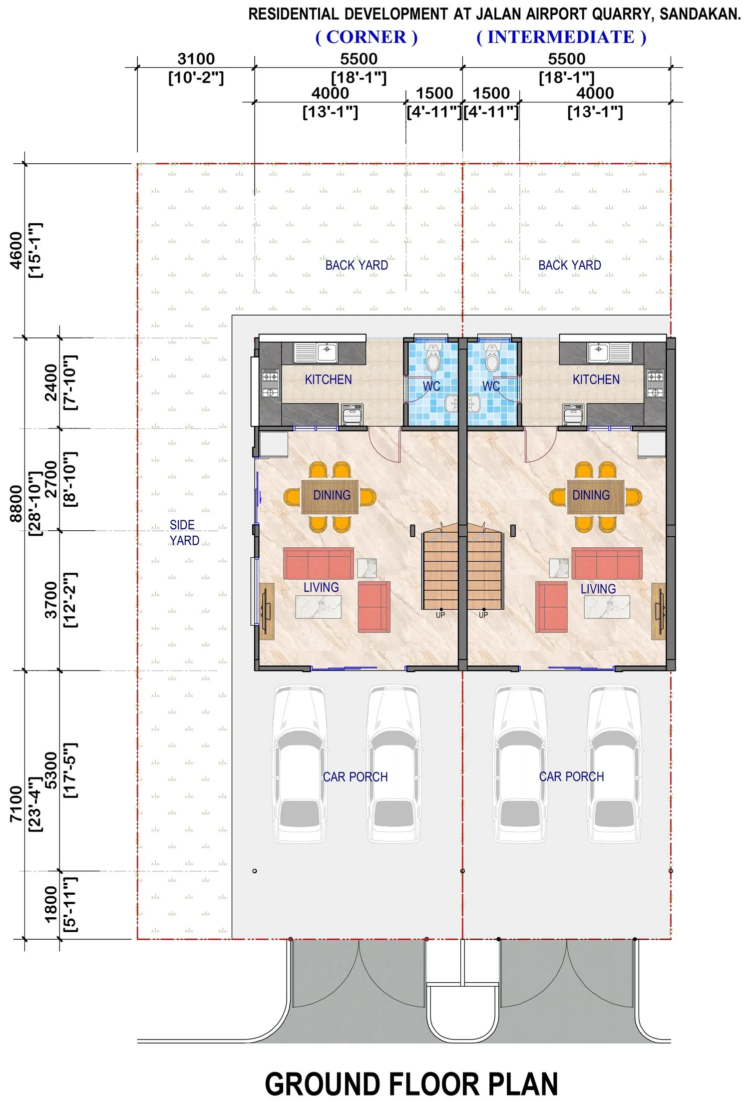 Taman Bayu Idaman ground floor plan, corner and intermediate houses at Taman Bayu Idaman, Jalan Airport Quarry, Sandakan, Sabah