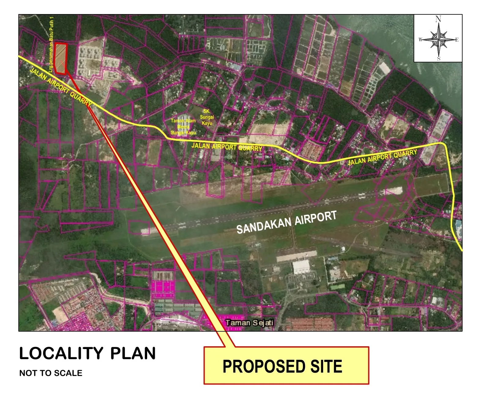 Locality plan — the site on Jalan Airport Quarry, north-west of Sandakan Airport, from the developer’s drawings at Taman Bayu Idaman, Jalan Airport Quarry, Sandakan, Sabah