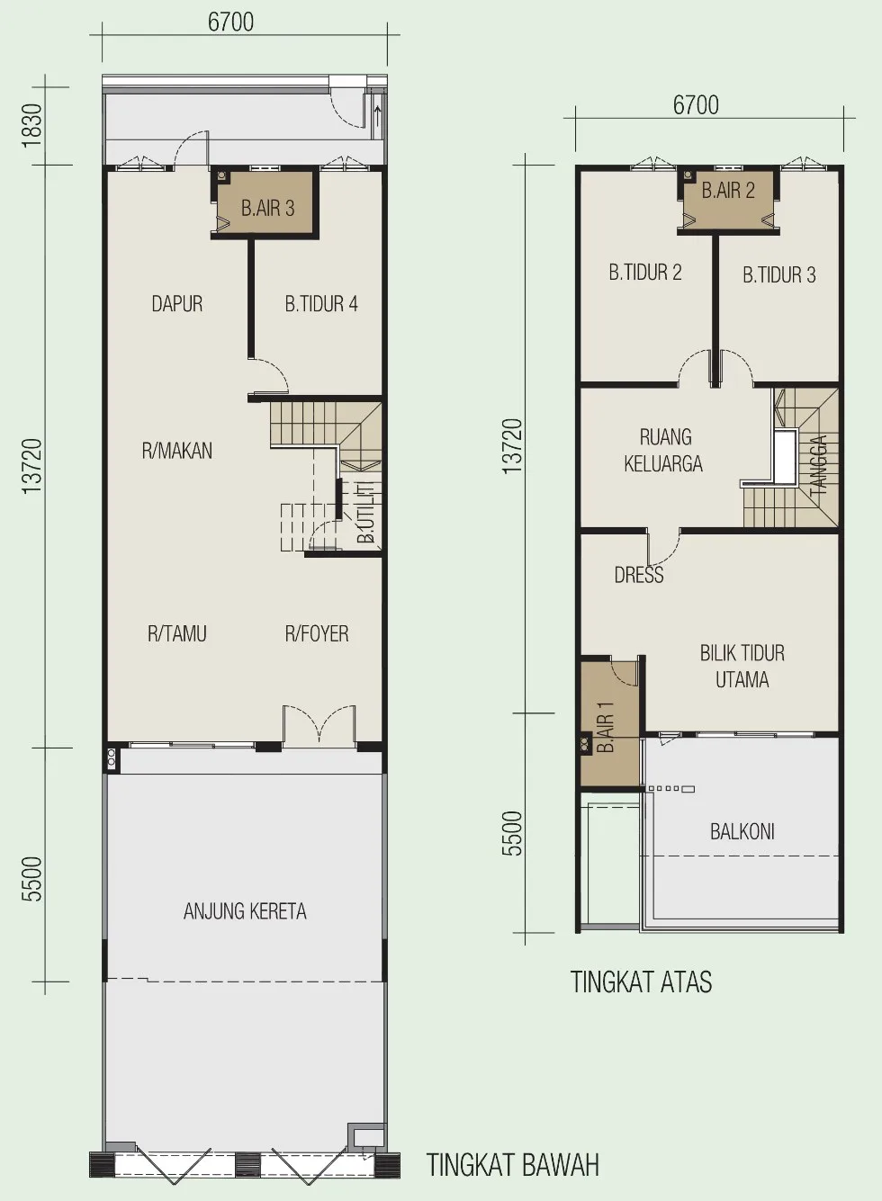 Taman Bertam Saujana two-storey terrace floor plan, ground floor and first floor, drawn 6.7 m wide, from the developer's advertisement filed with the government register, Kepala Batas, Penang