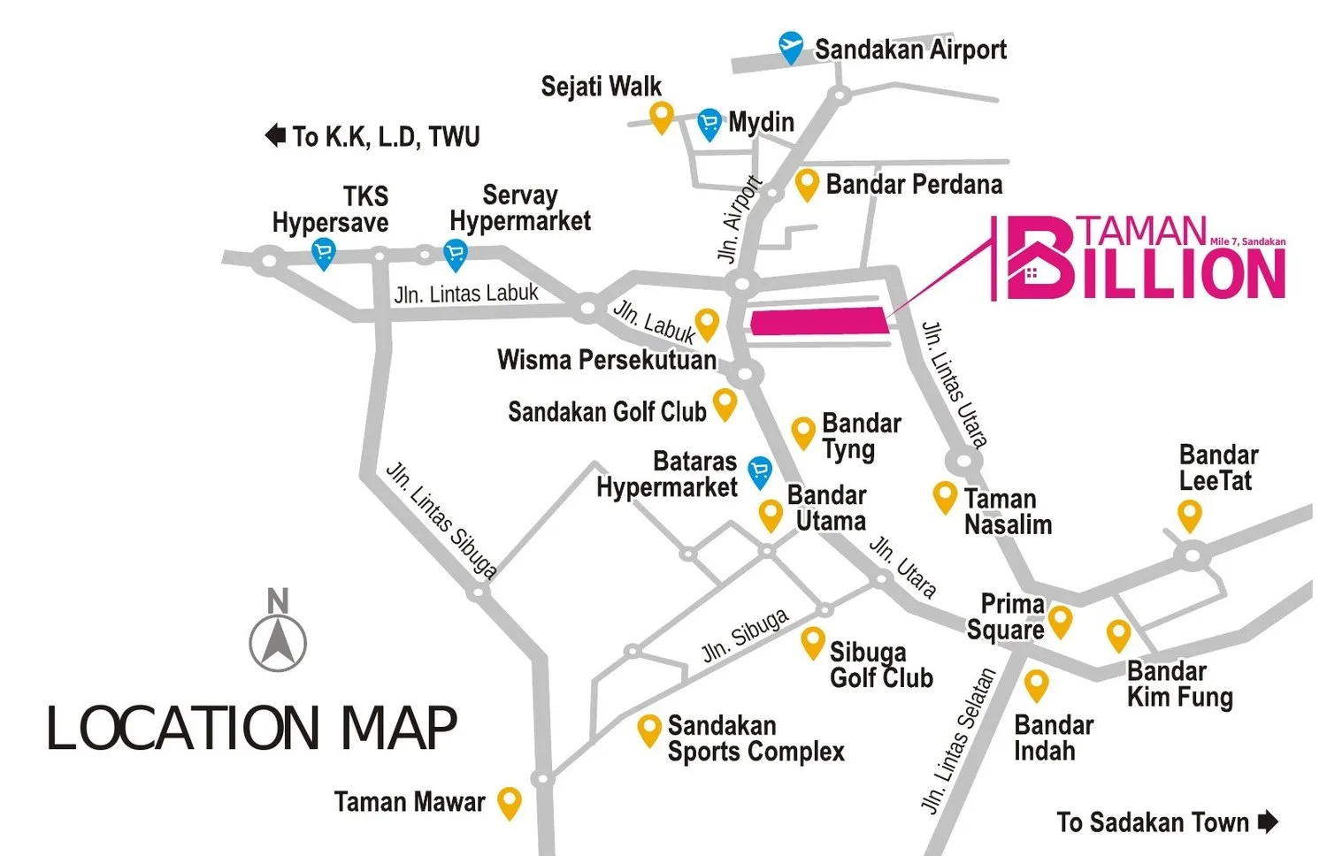 Location map — Mile 7, Jalan Airport, Sandakan, from the developer’s flyer at Taman Billion, Mile 7, Sandakan, Sabah