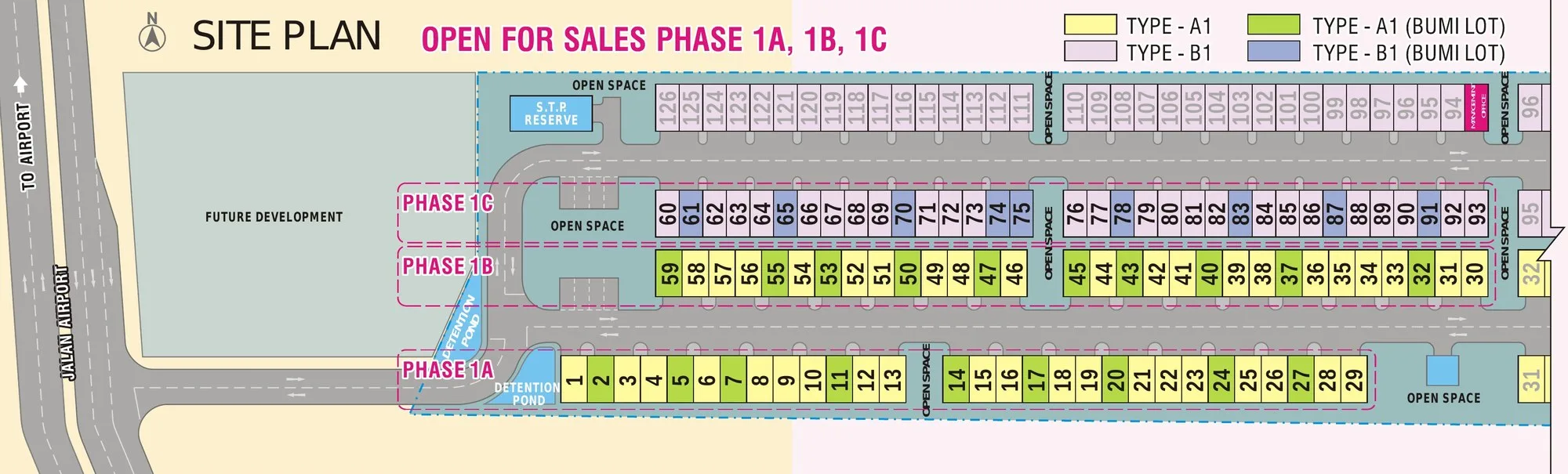 Taman Billion site plan showing Phases 1A, 1B and 1C with lot numbers at Taman Billion, Mile 7, Sandakan, Sabah