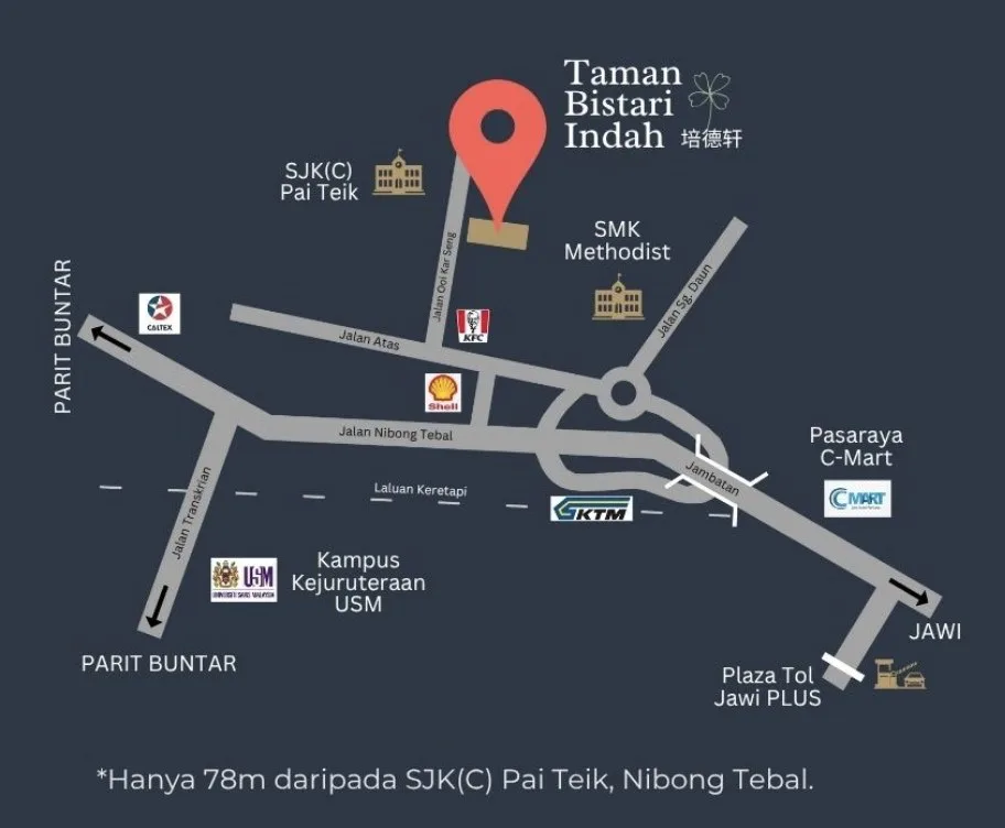Taman Bistari Indah 位置图,标出 Jalan Ooi Kar Seng、培德华小(SJK(C) Pai Teik)、铁路和爪夷收费站,槟城高渊