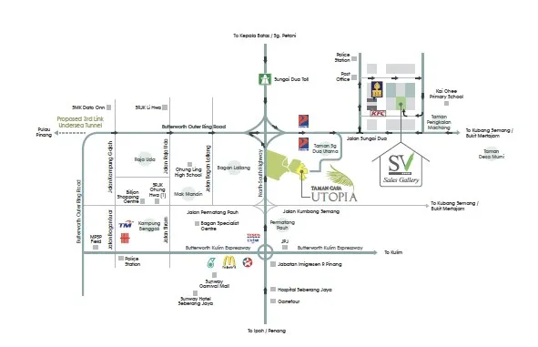 Taman Casa Utopia location map with the Sungai Dua toll and Butterworth Outer Ring Road, Butterworth, Penang