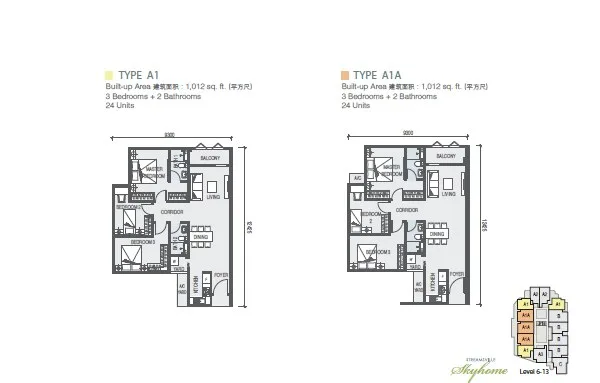 Taman Casa Utopia Type A1 and Type A1A floor plans, 1,012 sq ft, Sungai Dua, Butterworth, Penang