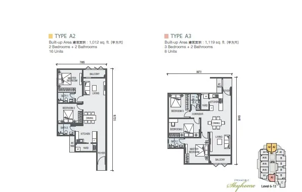 Taman Casa Utopia Type A2 and Type A3 floor plans, 1,012 and 1,119 sq ft, Sungai Dua, Butterworth, Penang