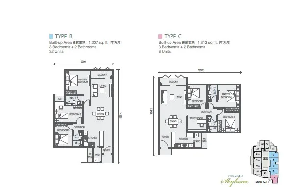 Taman Casa Utopia Type B and Type C floor plans, 1,227 and 1,313 sq ft, Sungai Dua, Butterworth, Penang
