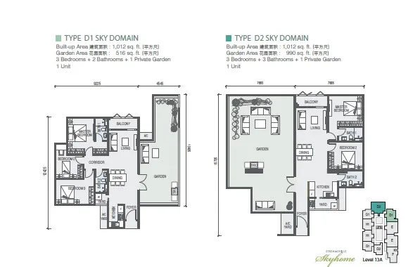 Taman Casa Utopia Type D1 and D2 Sky Domain floor plans with private gardens, Sungai Dua, Butterworth, Penang