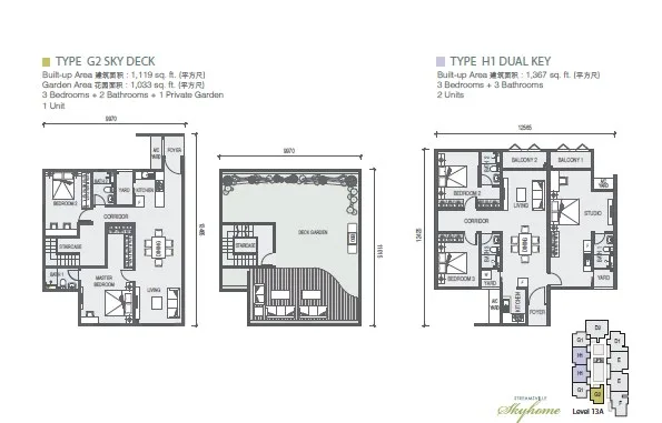 Taman Casa Utopia Type G2 Sky Deck and Type H1 Dual Key floor plans, Sungai Dua, Butterworth, Penang