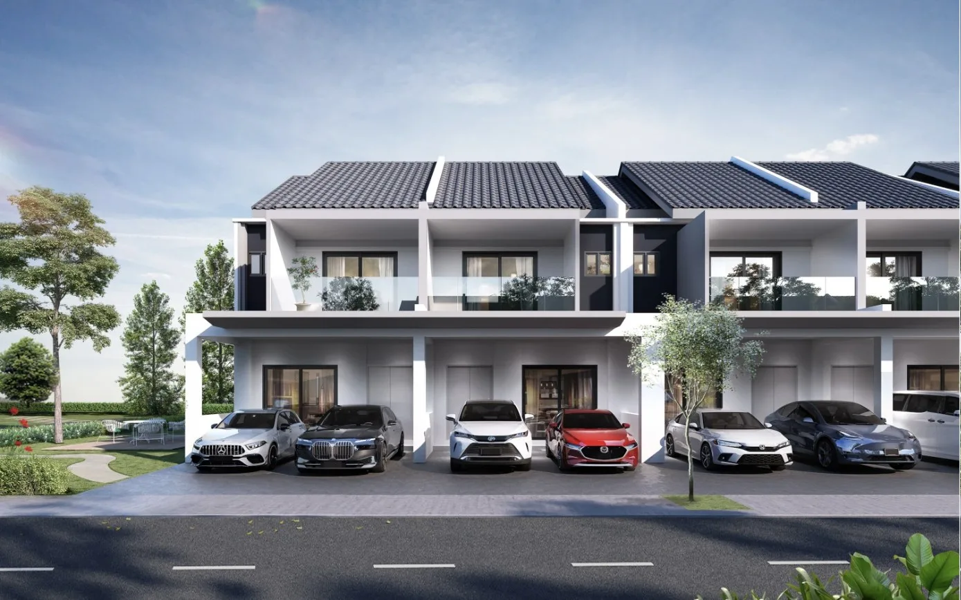 Taman Fajar Permai (Sunrise Terraces) two-storey terrace houses, daytime front view, artist's impression, Nibong Tebal, Penang