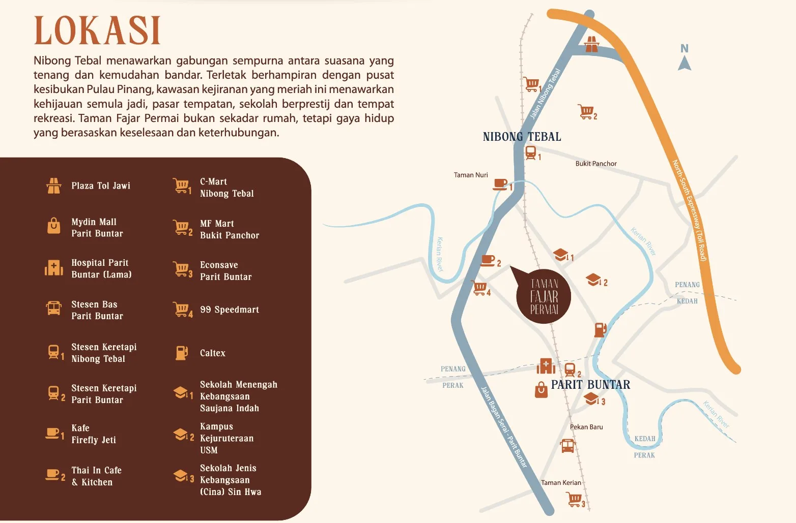 Taman Fajar Permai location map with landmark legend, between Nibong Tebal and Parit Buntar, Penang