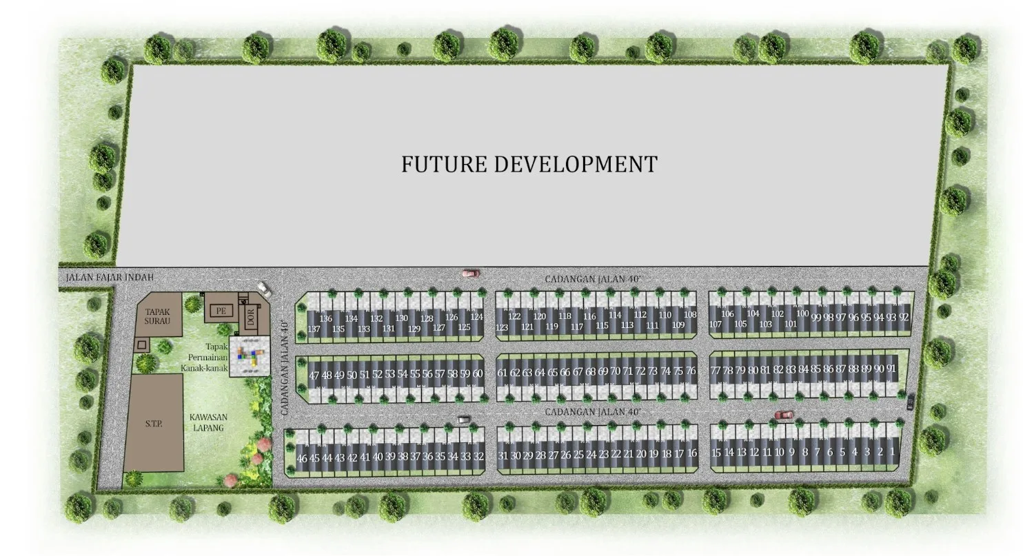 Taman Fajar Permai (Sunrise Terraces) site plan with 137 numbered lots, surau site, playground and open space, Nibong Tebal, Penang