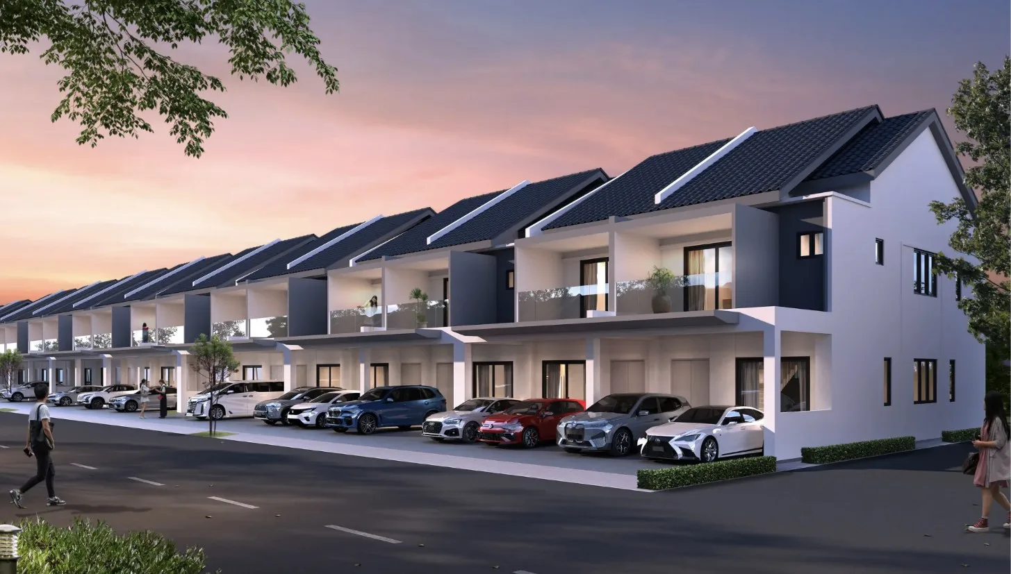 Taman Fajar Permai (Sunrise Terraces) two-storey terrace row with end house along the street, artist's impression, Nibong Tebal, Penang