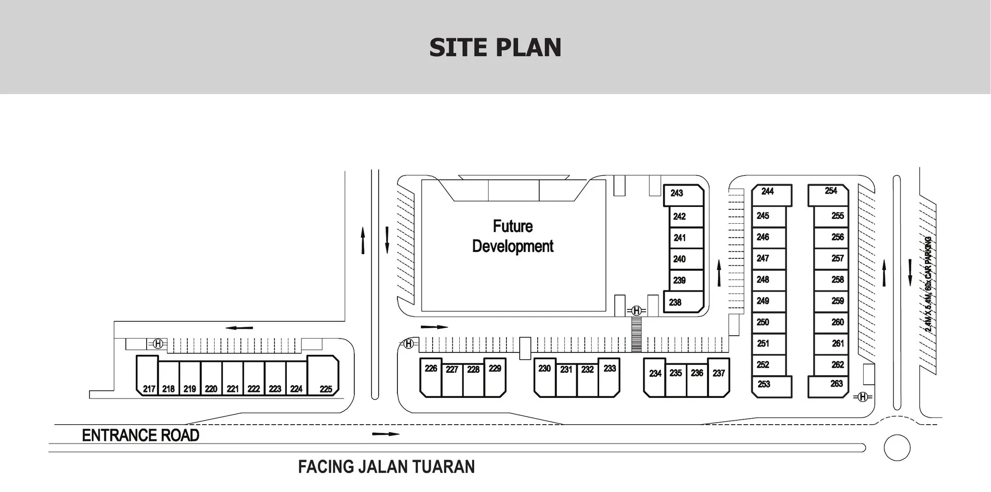 Bandar Putra Phase 3A site plan: shop-office lots 217 to 263 facing Jalan Tuaran, with car parking and a future development block, from the developer’s brochure at Taman Flamingo, Menggatal, Kota Kinabalu, Sabah